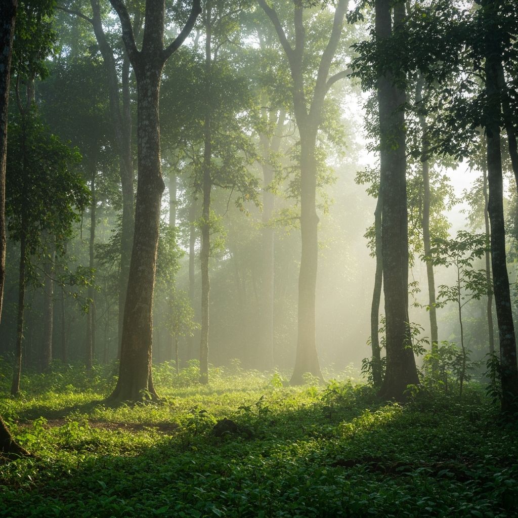 Serene forest morning with mist